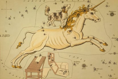 Oportuna tabla astronómica del siglo XIX con un perro y un unicornio formando una constelación