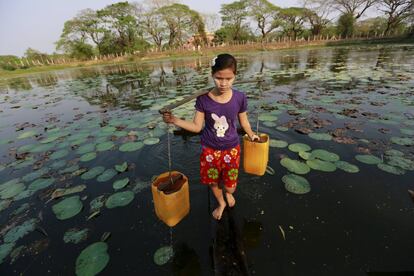 Una niña recoge agua potable en el río Dala, en las afueras de Yangon (Myanmar).