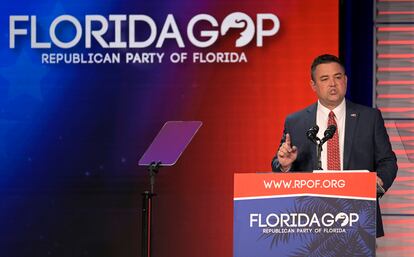 Republican Party of Florida Chairman Christian Ziegler addresses attendees at the Republican Party of Florida Freedom Summit, Nov. 4, 2023, in Kissimmee, Fla.