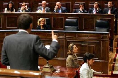 El presidente del Gobierno, José Luis Rodríguez Zapatero (de espaldas), durante su intervención en el pleno del Congreso.