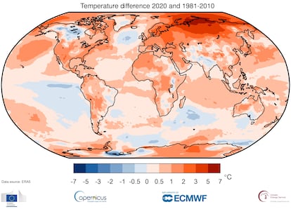 Diferencia de temperatura en 2020 respecto a la media del periodo 1980-2010.