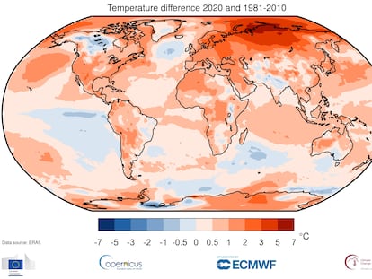 Diferencia de temperatura en 2020 respecto a la media del periodo 1980-2010.