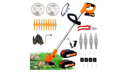 Productos de jardín ofertas de primavera sobre fondo blanco.