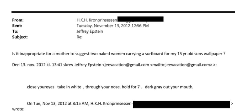 Uno de los correos que envió la princesa Mette-Marit de Noruega a Jeffrey Epstein en 2012.