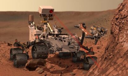 Ilustración del robot <i>Curiosity</i> analizando una roca en Marte.