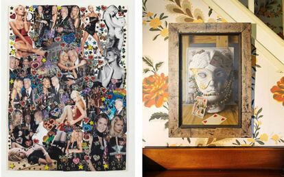 A la izquierda, 'collage' de Paris Hilton hecho especialmente para el decorador (580€ - 820€). A la derecha, 'Tampantojo' de Martin Battersby (1.200€ - 1.800€). |