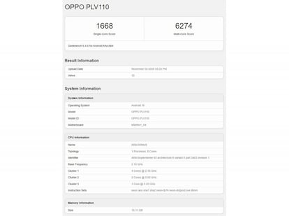 Resultados del OPPO Reno15 conseguidos en la prueba de rendimiento Geekbench