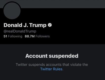 Así aparece el perfil de la cuenta personal de Donald Trump, @realDonaldTrump, después de haber sido bloqueada permanentemente por Twitter Safety.