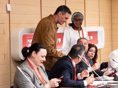 El presidente del Gobierno, Pedro Sánchez, este sábado durante la Internacional Socialista celebrada en la sede del partido en Madrid.