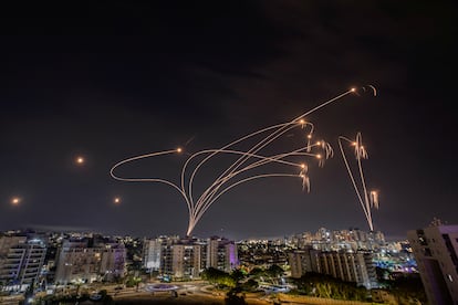 The Iron Dome anti-aircraft system intercepts missiles over Ashkelon, on October 9, 2023.