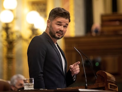 El portavoz de ERC, Gabriel Rufián, durante su intervención este martes en el Congreso en el debate sobre los indultos.