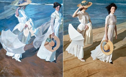 A la izquierda, Paseo a orillas del mar, 1909, Fundación Museo Sorolla. A la derecha, ambas modelos lucen looks de ELISABETTA FRANCHI y pamelas de MARIANA BARTUREN. La primera lleva sombrilla de SOLBRILLAS BY LOLA GARRAUS y zapatos de ROGER VIVIER y la segunda, zapatos de STUART WEITZMAN. Tela Saskia azul de JANE CHURCHILL y terciopelos Genova en color camel, arena y beis, todos ellos en GASTÓN Y DANIELA.