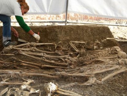 Una arque&oacute;loga trabaja en una exhumaci&oacute;n en el cementerio de San Rafael, de M&aacute;laga.