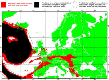 Mapa de situación de la nube de ceniza para las ocho de la mañana, sobre el que toma decisiones Fomento.