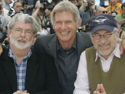 Goerges Lucas, Harrison Ford, y Steven Spielberg, en la 61ª edición del Festival de Cannes.