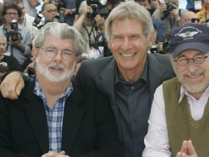 Goerges Lucas, Harrison Ford, y Steven Spielberg, en la 61ª edición del Festival de Cannes.
