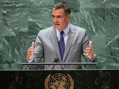 Pedro Sánchez, durante su discurso ante la ONU este miércoles en Nueva York.