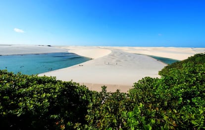 El agua de lluvia acumulada crea las típicas lagunas de los Lençóis Maranhenses.