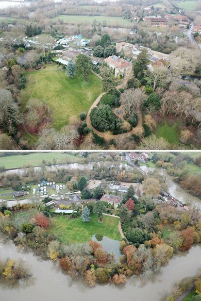 La casa de George Clooney en Berkshire, antes (arriba) y después (abajo) de las lluvias.