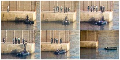Secuencia de la devolución por parte de la Guardia Civil de un subsahariano a las Fuerzas Auxiliares de Marruecos (en zódiac) en Melilla durante el verano de 2012.