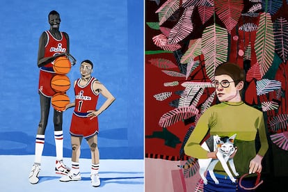 El baloncesto es su gran pasión y protagoniza obras como ‘Bullets’, 2007, con Manute Bol y Tyrone Curtis Muggsy Bogues. Al lado, retrato ‘Robin Phoebe’.