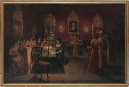 'Damas Patricias,' a painting by José Gerompini, depicts the meeting of a group of wealthy women from the viceroyalty of the Río de la Plata to purchase rifles on May 30, 1812.