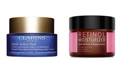 Crema de noche Multi-Active de Clarins (38,95€) y Retinol Moisturizer de Mother Nature Cosmetics (22,95€).