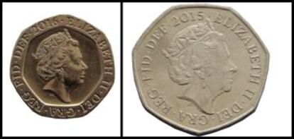 Monedas de 20 peniques (izquierda) y 50 peniques (derecha) de Reino Unido.