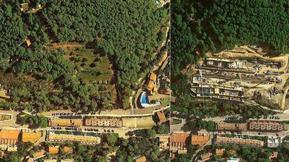 Combo de dos fotos aereas( Google Earth ) con imágenes de Sa Riera en Begur, Girona, en 2015 y 2020.