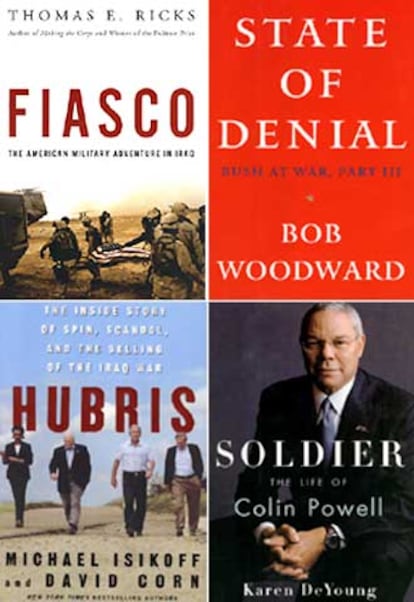 Portadas de cuatro de los libros que analizan distintos aspectos de la guerra de Irak y su estrecha relacin con la poltica de George W. Bush.