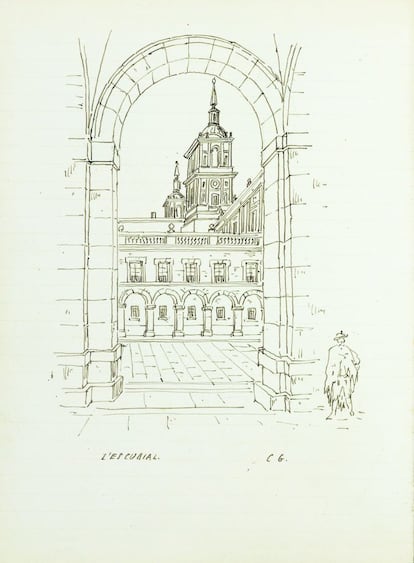 Las iniciales C. G. bajo el dibujo señalan a Garnier como su autor. Lo realizó durante su visita al monasterio de El Escorial (Madrid), un edificio que no gustó demasiado al arquitecto.