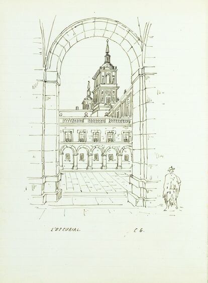 Las iniciales C. G. bajo el dibujo señalan a Garnier como su autor. Lo realizó durante su visita al monasterio de El Escorial (Madrid), un edificio que no gustó demasiado al arquitecto.