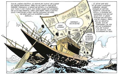 Viñeta de 'La balada del mar salado de Hugo Pratt, con un catamarán de las Fiyi.