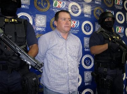 Manuel Garibay Espinoza, de 52 años, presunto miembro destacado del cartel de Sinaloa, presentado por la policía del Estado mexicano de Baja California.