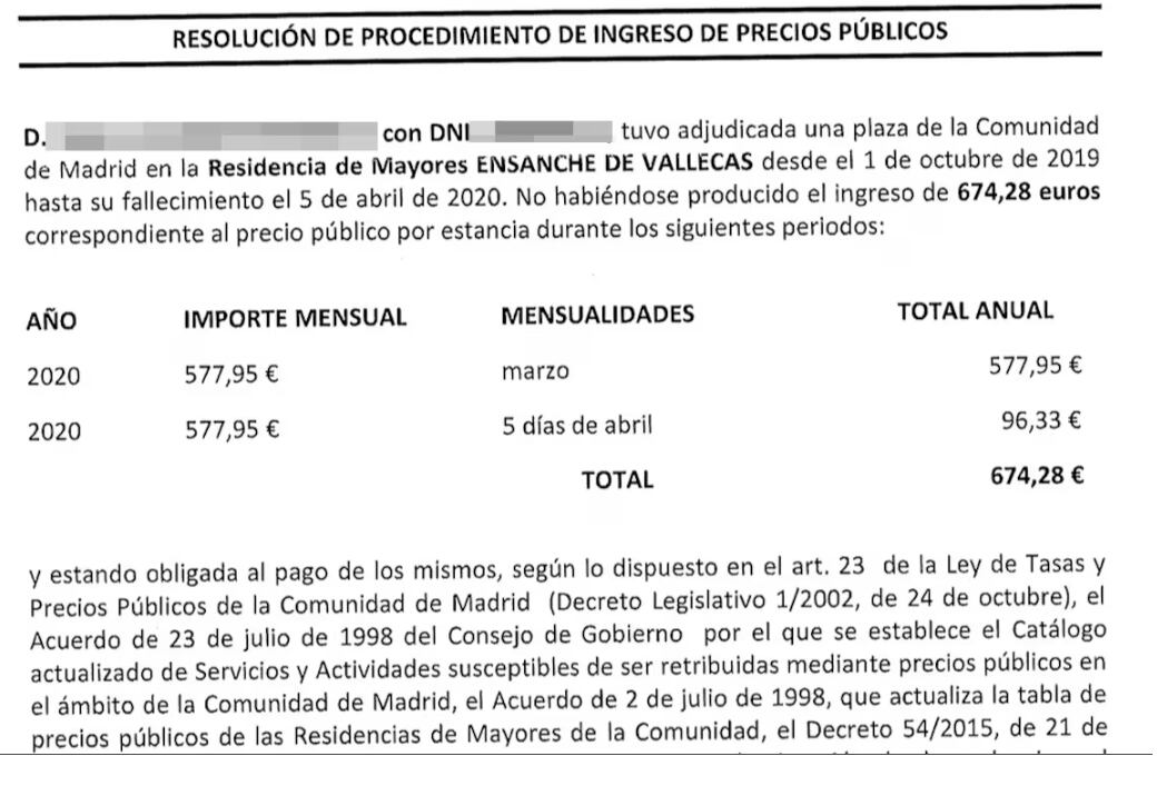 Carta de la Comunidad de Madrid reclamando una deuda a la hija de un fallecido en una residencia de Madrid el 5 de abril de 2020.