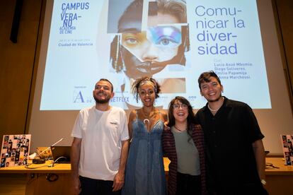 Desde la izquierda, Diego Soliveres, Lucía Assué, Anna Marchessi y Emilio Papamija, en el campus de la Academia de Cine en Valencia.