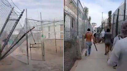 Una valla destruída y reos corriendo con machetes por los pasillos, en dos capturas de pantalla de un vídeo difundido en redes sociales del motín en el penal de La Pila, en San Luis Potosí (México), el 2 de mayo de 2024.