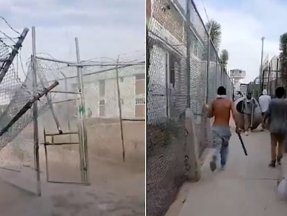 Una valla destruída y reos corriendo con machetes por los pasillos, en dos capturas de pantalla de un vídeo difundido en redes sociales del motín en el penal de La Pila, en San Luis Potosí (México), el 2 de mayo de 2024.