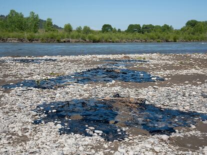 In this photo provided by Alexis Bonogofsky, petroleum products cover areas along the banks of the Yellowstone River near Columbus, Mont., July 1, 2023, following a freight train wreck last week in which tank cars fell into the river when a bridge collapsed.