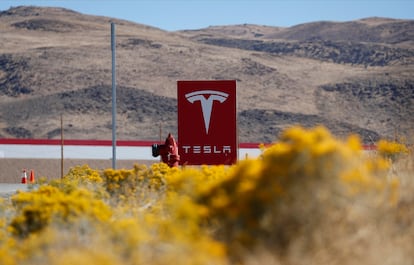 A sign marks the entrance to the Tesla Gigafactory in Sparks, Nev., on Oct. 13, 2018.