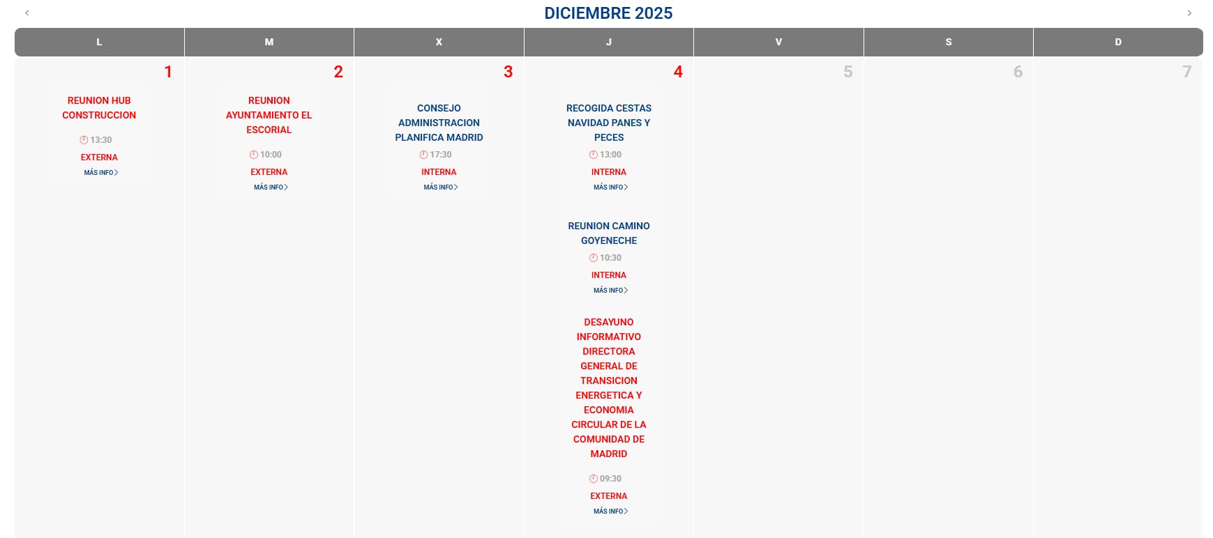 Captura de pantalla de la agenda de Planifica Madrid de la primera semana de diciembre de 2025.