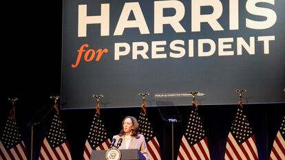 La vicepresidenta de EE UU y aspirante a la nominación demócrata, Kamala Harris, este viernes en un mitin en Pittsfield (Massachusetts).