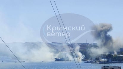 An image from a UGC video shows smoke over the Russian fleet headquarters in Sevastopol this Friday.