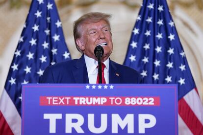 Former President Donald Trump speaks at his Mar-a-Lago estate on April 4, 2023, in Palm Beach, Florida.