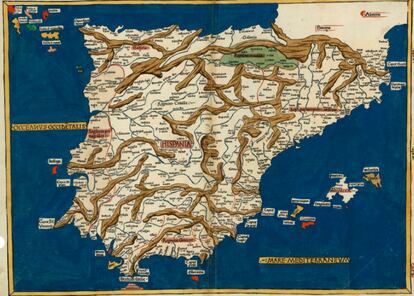 Edición impresa el 1482 del mapa de Ptolomeo de la península ibérica.