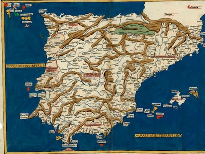 Edición impresa el 1482 del mapa de Ptolomeo de la península ibérica.