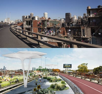 Antes y despu&eacute;s. El gobierno de Buenos Aires convertir&aacute; en un parque en altura sel trazado actual de la autopista.