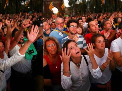 Reacción de los seguidores independentistas congregados ante el Parlamento de Cataluña el 10 de octubre de 2017, tras escuchar a Carles Puigdemont declarar la secesión y suspenderla de inmediato.