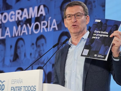 El líder del PP, Alberto Núñez Feijóo, en la presentación del programa electoral para el 28 de mayo. David Mudarra (PP)