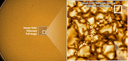 Esquema del área del Sol fotografiada por el telescopio solar Daniel K. Inouye y distribuida por la National Science Foundation.